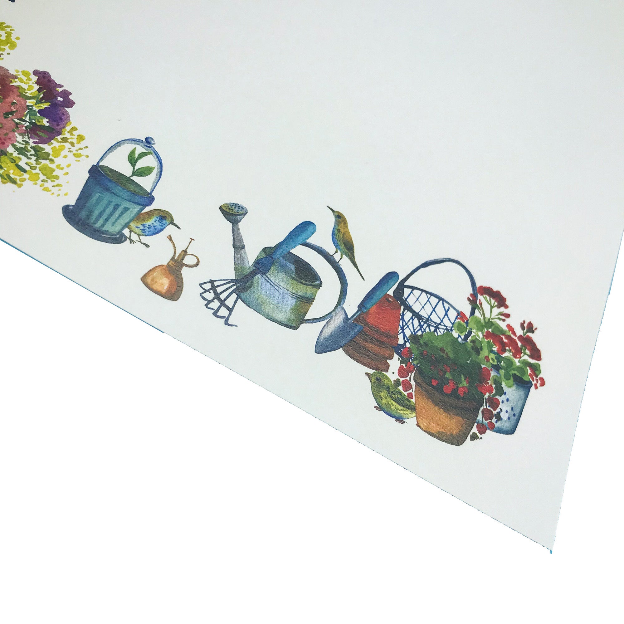 a piece of paper with flowers and watering tools on it