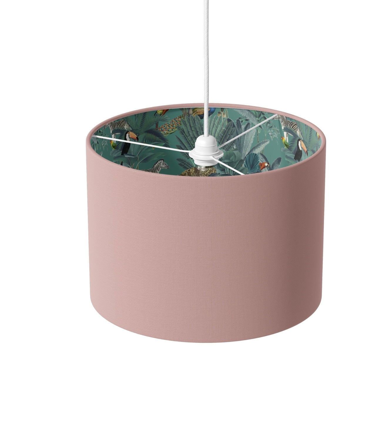 Blush pink lampshade shown here as a pendant fitting. Blush pink cotton fabric on the outside with a tropical green pattern made from plants and animals on the inside a little bit of drama but still subtle.