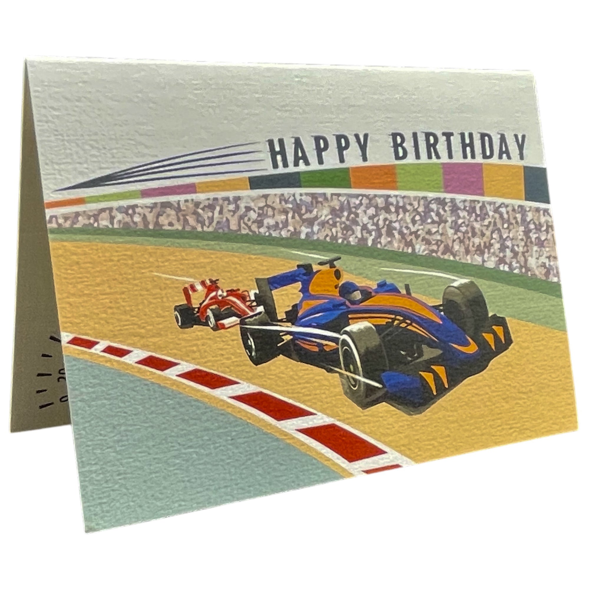 a birthday card with a racing car on a track