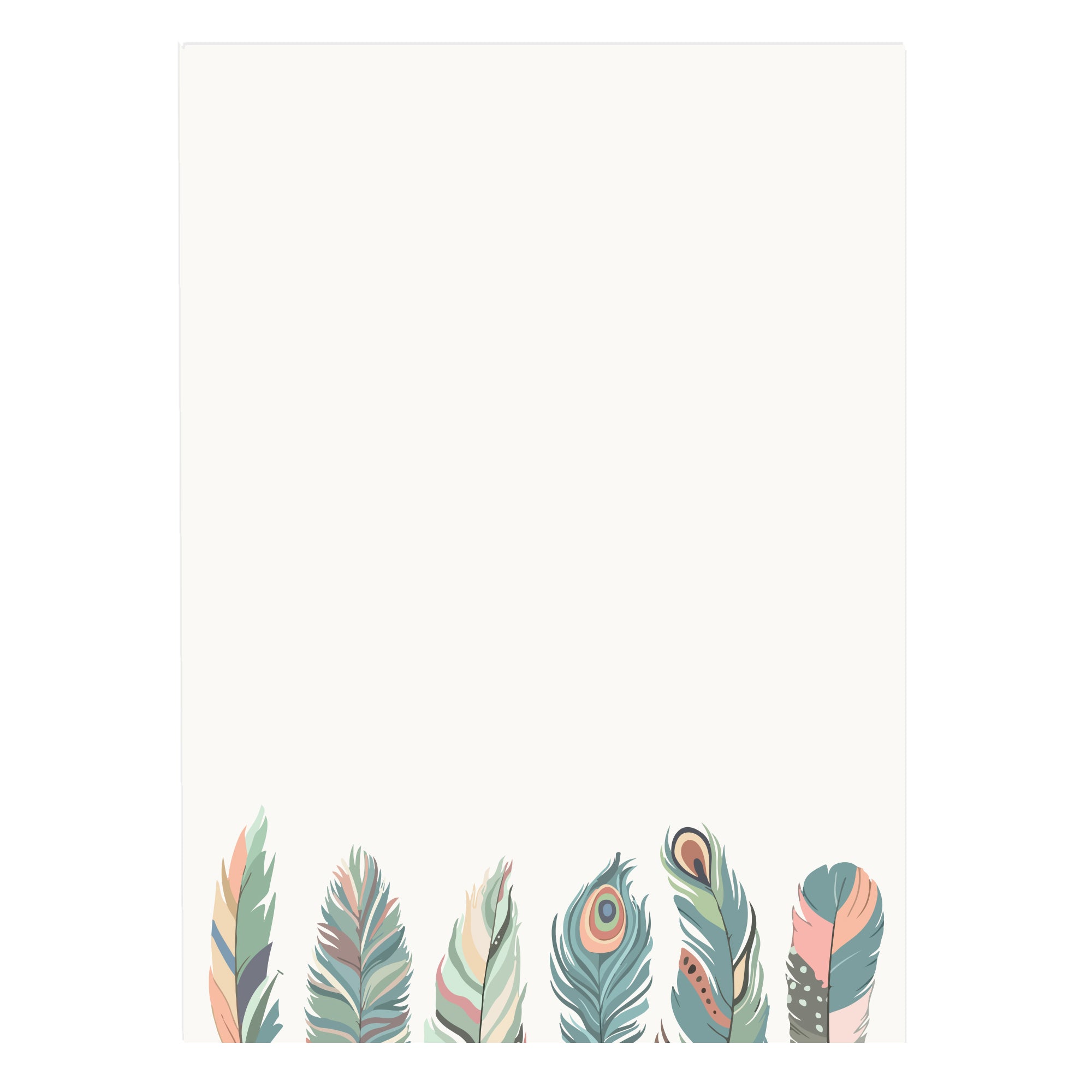 a white paper with colorful feathers on it