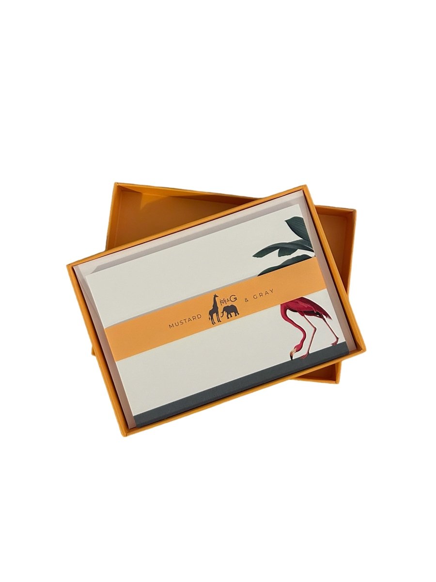 Darwin's Menagerie "Foraging Flamingo" Notecard Set with Laid Envelopes - Mustard and Gray Ltd