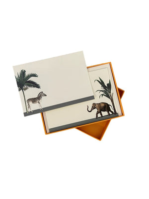 Darwin's Menagerie "Hasty Elephant Placid Zebra" Notecard Set with Laid Envelopes - Mustard and Gray Ltd