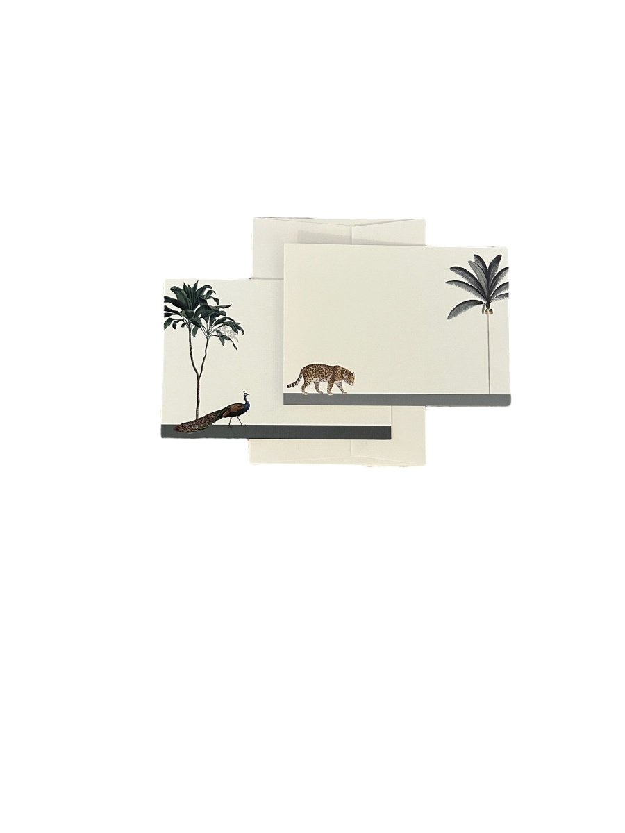 Darwin's Menagerie "Strutting Peacock Prowling Leopard" Notecard Set with Laid Envelopes - Mustard and Gray Ltd