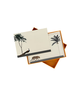 Darwin's Menagerie "Strutting Peacock Prowling Leopard" Notecard Set with Laid Envelopes - Mustard and Gray Ltd