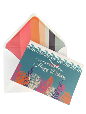 Deep Blue Sea Wild Swimming Birthday Card with Lined Envelope - Mustard and Gray Ltd