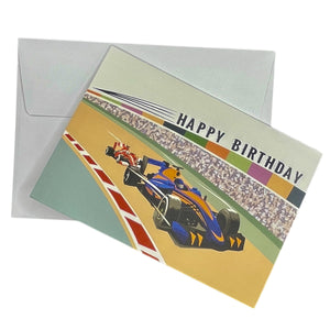 a birthday card with a racing car on a track