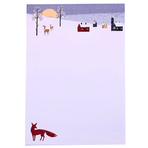 a picture of a snowy landscape with a red fox in the foreground