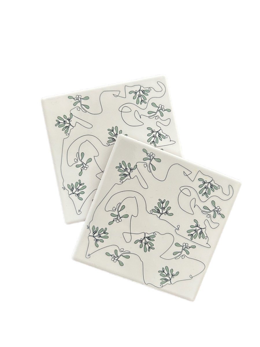 Ink and Hue Mistletoe Ceramic Coasters - Mustard and Gray Ltd