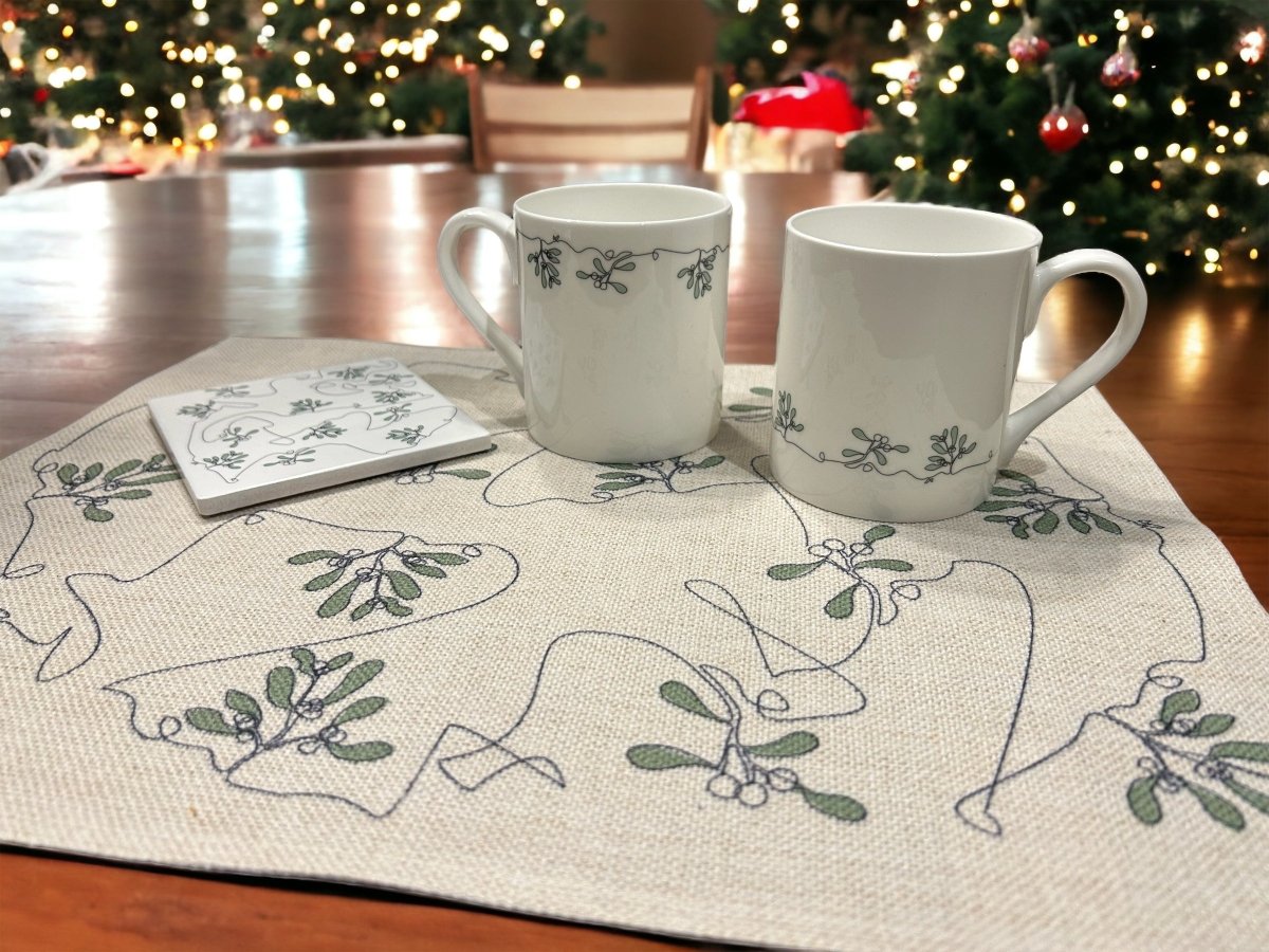 Ink and Hue Mistletoe Ceramic Coasters - Mustard and Gray Ltd