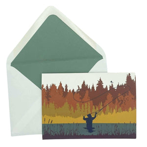 Autumn Fly Fishing Greetings Card with Lined Envelope - Mustard and Gray Ltd