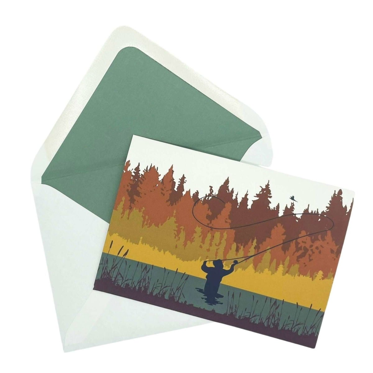 Autumn Fly Fishing Greetings Card with Lined Envelope - Mustard and Gray Ltd