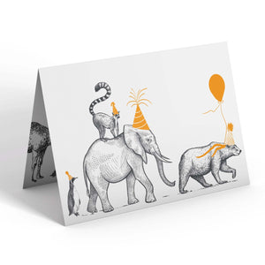 Birthday Parade "The Bear, the Elephant and the Penguin" Birthday Card - Mustard and Gray Ltd