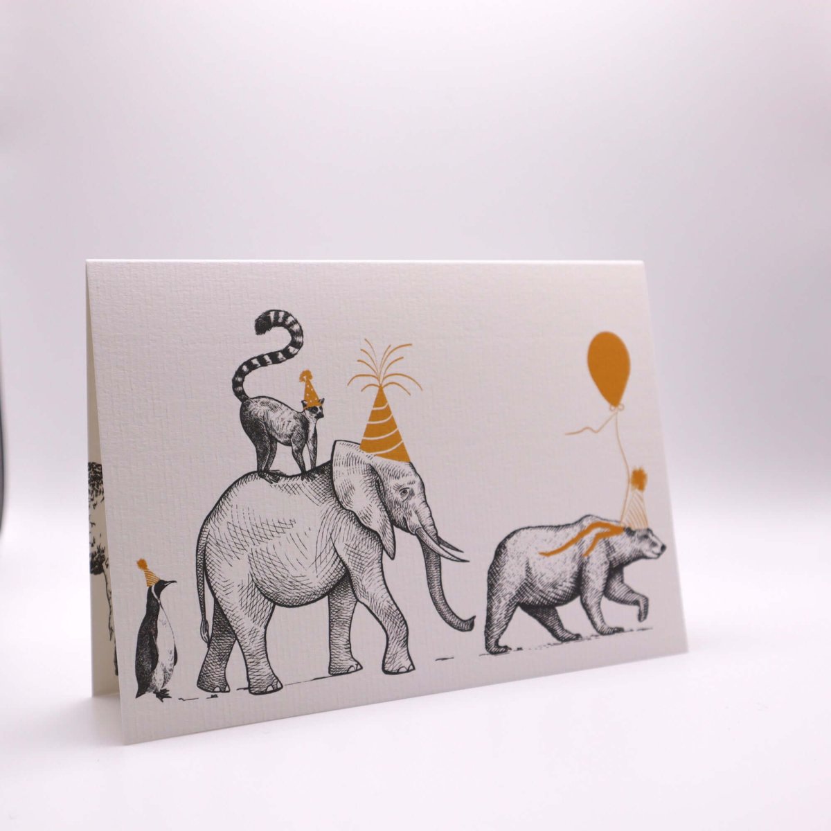 Birthday Parade "The Bear, the Elephant and the Penguin" Birthday Card - Mustard and Gray Ltd