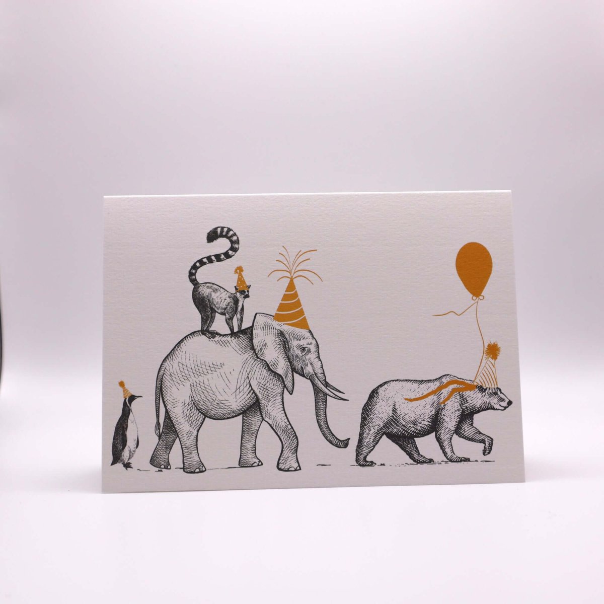 Birthday Parade "The Bear, the Elephant and the Penguin" Birthday Card - Mustard and Gray Ltd