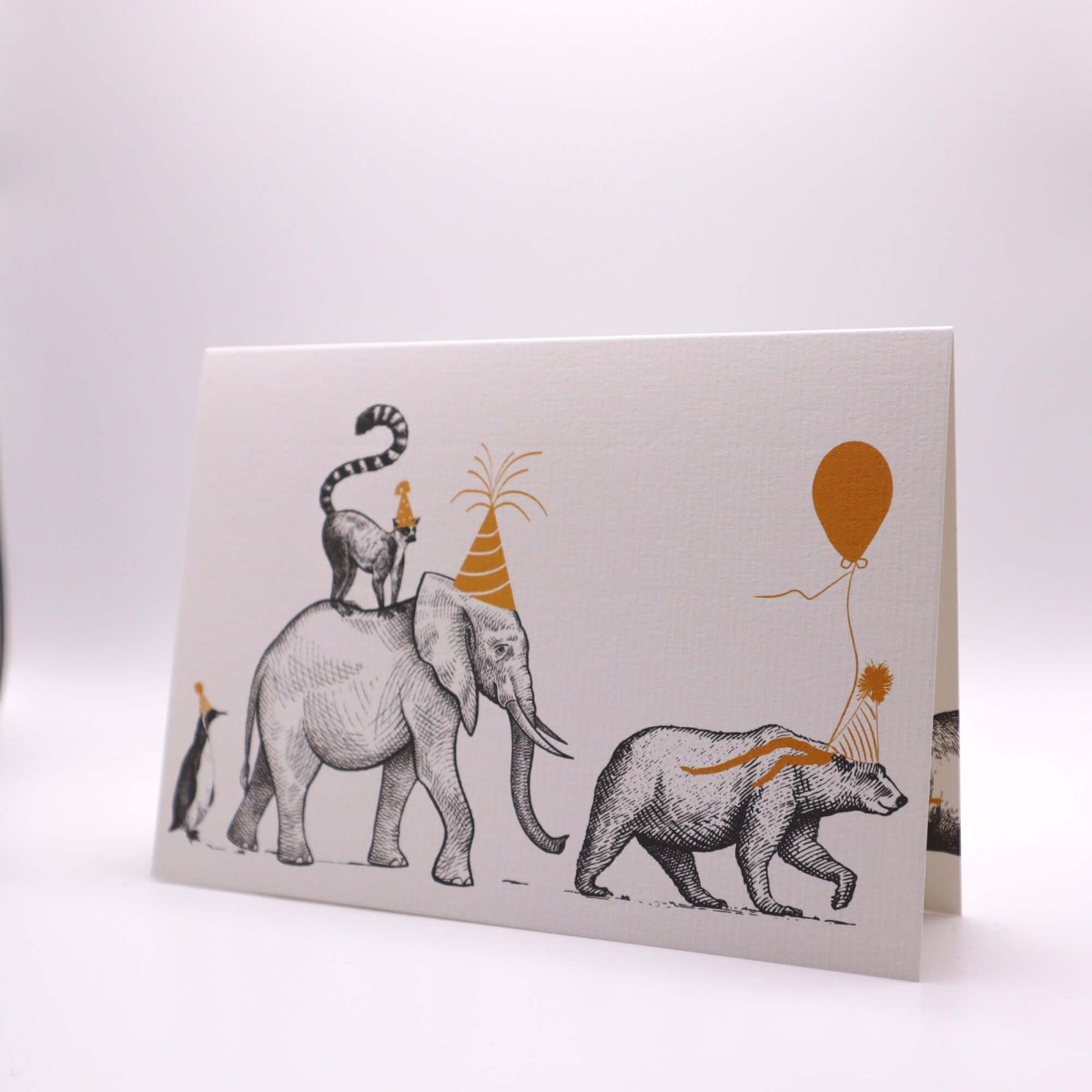 Birthday Parade "The Bear, the Elephant and the Penguin" Birthday Card - Mustard and Gray Ltd