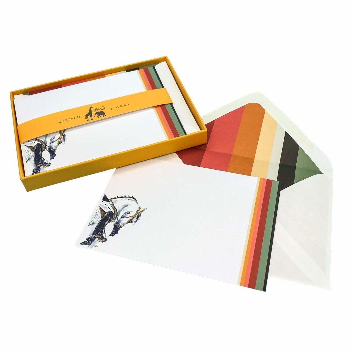 Horse Stripe Notecard Set with Lined Envelopes - Mustard and Gray Ltd