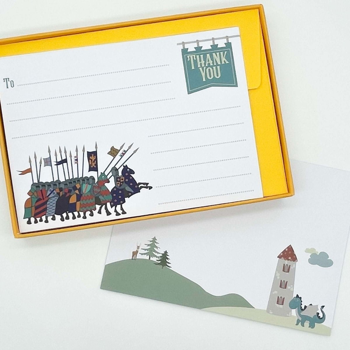 Knights at Dragon Castle Thank You Notecard Set - Mustard and Gray Ltd