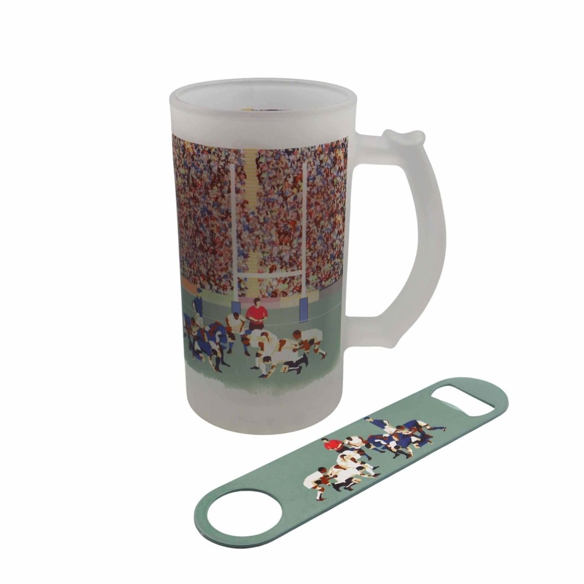 Rugby Beer Stein and Bottle Opener Set - Mustard and Gray Ltd