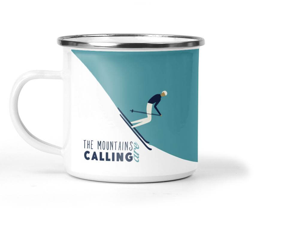 The Mountains Are Calling Skiing Enamel Mug - Mustard and Gray Ltd